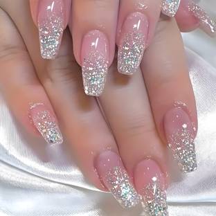 The Pink Truck Set of 24 Artificial Reusable nails in Pink Silver Glitter design with glue Pink, Silver