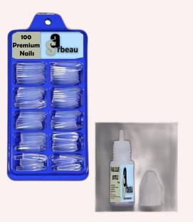 Sarbeau 200-Pcs Artificial Nails Set - 100 White & 100 Transparent and 2 Nail Glue_C_100 Transparent