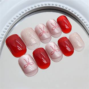 NAKHI 24 Artificial Fake Nail Set | Base Peach with Maroon Bow Design Glossy Nails Maroon