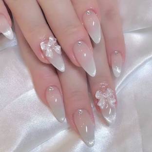 NAKHI 24 Artificial Fake Nail Set| Silver colour with Silver Bow Design Glossy Nails Silver