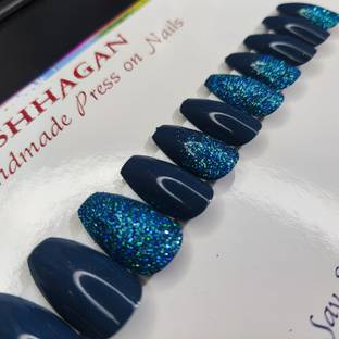 Shhagan Teal Blue Glitter Ombre Coffin Artificial Bridal Nails Multicolor
