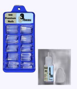 Sarbeau 200-Pcs Artificial Nails Set - 100 White & 100 Transparent and 2 Nail Glue_C_034 Transparent