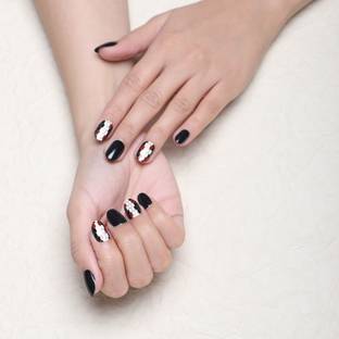 Lick - Press on Nails Artificial NailsSet Glossy Black Black And White With Golden Line
