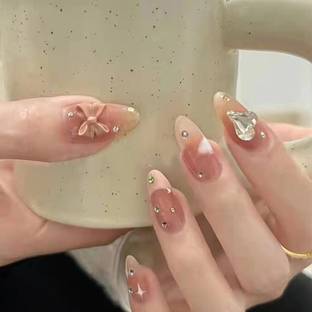 KILLFE Artificial Reusable Nails 24Pc Set peach color heart stone and bow Parten Multicolor