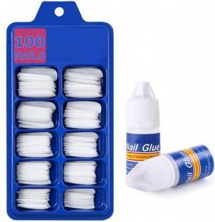 kHUDAt M Acrylic Artificial Nails With Nail Glue For Women & Girls White (Pack of 100) White