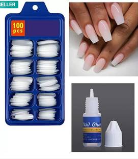 BLOOMORA LONG PLASTIC ARTIFICIAL NAILS FOR WOMEN WITH 1 GLUE WHITE