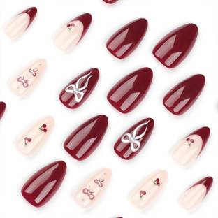 NAKHI 24 Artificial Fake Nail Set|Base maroon color with Silver Bow Design Glossy Nail Maroon