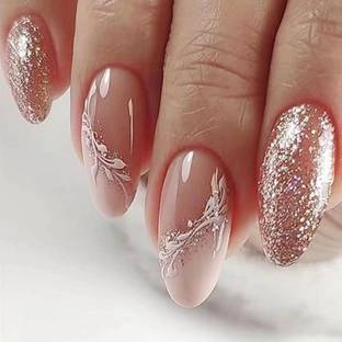 The Pink Truck Set of 24 Artificial Reusable nails in Glam Glitter Design with glue Silver