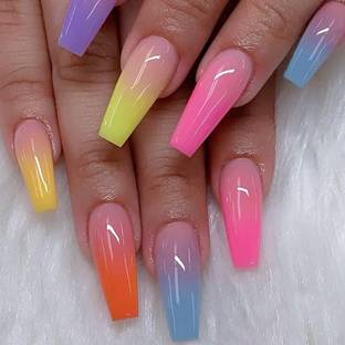 The Pink Truck Set of 24 Artificial Reusable nails in Long Multicolour Design with glue Multicolour