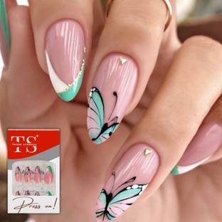 THR3E STROKES Press on Nails 24pcs Fake Artificial Nails with Gluetabs Application Kit (PN28) Includes 24 Nails, 1sheet Gluetabs,1 Alcohol Wipe,1 Manicure Stick, 1 Mini Filer