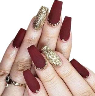 FWS Fashionworldshop Matte Maroon with Glitter Shape Medium Ballerina Bridal nails Maroon
