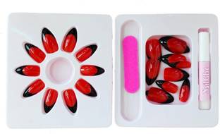 BUZIVENTURES 24PC/SET BEAUTIFUL RED&BLACK ARTIFICIAL REUSABLE NAILS WITH NAIL GLUE RED BLACK, colorful