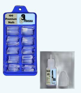 Sarbeau 200-Pcs Artificial Nails Set - 100 White & 100 Transparent and 2 Nail Glue_C_077 Transparent