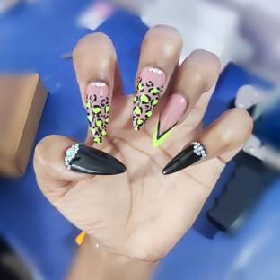 Shhagan Leopard Print and Black Stiletto Nails with Rhinestones black