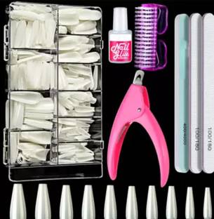 feelhigh Fake Coffin Nail Tips With Glue Buffer Nail Brush and Clipper Set for Women
