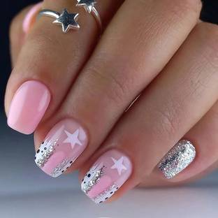 kyiesh Reusable Designer Glittery Pink with Star Printed Press on Nails Pink