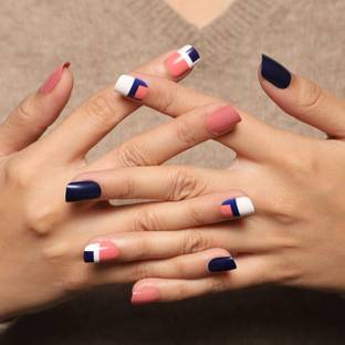 Lick - Press on Nails Artificial NailsSet Matte Dark Blue Square Shape Royal Blue With White Base And Golden Detailing