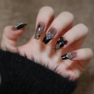 The Pink Truck Set of 24 Artificial Reusable nails in Black with heart tip Design with glue Black