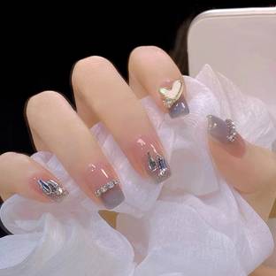 KILLFE Artificial Reusable Nails Light Pulpal Heart Stone With Double-side Glue Purple, Pink