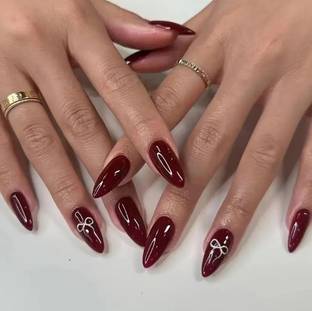 NAKHI 24 Reusable Artificial Nail Set |Base maroon colour with White Bow Design Nails Maroon_bow