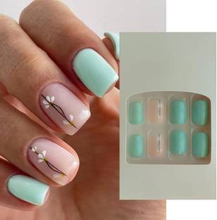 S.A.V.I 24Pc Mint & Nude Floral Short Square Press-On Nails - Adhesive Tabs & Mint and Nude