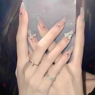 The Pink Truck Set of 24 Artificial Reusable nails in Ribbon Rhinestone design with glue Silver