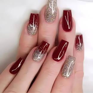 Shhagan Designer High Quality Press on nails-932 Red, Gold Glitter