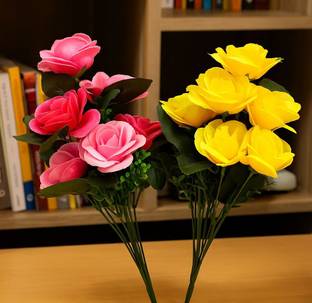 Elencraft Artificial Flower Bunch , Pink , Yellow Roses Bunch For Home Décor Indoor Plant Wild Artificial Plant