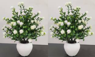 BAARIG Set of 2 Table Flower top Bonsai for home shop office gifting White, Green Camellia Rose Artificial Flower  with Pot