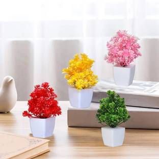 KanRaj home decoration materia pack of 4 Bonsai Wild Artificial Plant  with Pot