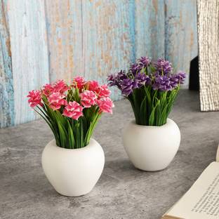 Foliyaj Set of 2 Artificial Mini Plants with Pink and Purple Roses Wild Artificial Plant  with Pot