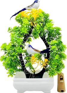 POKA Artificial Plants With Birds & Light For Room , Home, Bedroom, Office & Wedding. Bonsai Wild Artificial Plant  with Pot
