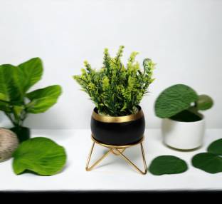 Leafy Dew Black Metal Planter Pot with Golden Stand Modern Style Planter Artificial Plant  with Pot