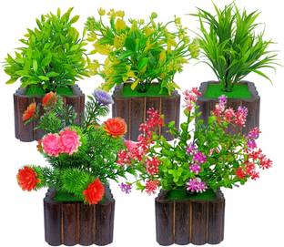 Ryme Set Of 5 Artificial Plants With Wooden Pot Bonsai Wild Artificial Plant  with Pot