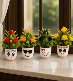 beecraft Set Of 4 Artificial Flowers with Pot For Home Décor, Faux Plant for Table, Fake Bonsai Wild Artificial Plant  with Pot