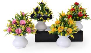 KanRaj Artificial Rose Flower Set of 4 Roses with pot (Natural Looking) Multicolor Wild Flower Artificial Flower  with Pot