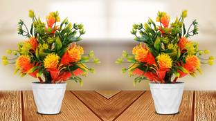 RisEmpire Artificial Plant For Home/Office Table Decoration or Gift ( Pack of 2, 7inch) Orange Rose Artificial Flower  with Pot