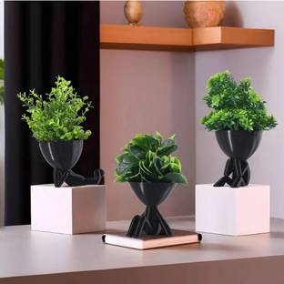 KUBER INDUSTRIES 3 Pcs Set Plastic Mini Artificial Plants with Pot | Man Shape - Black Wild Artificial Plant  with Pot