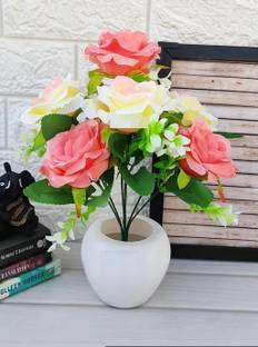 Nimkar's Artificial Peach Roses Bunch Plant with Apple Pot for Home Décor Living Room Bonsai Artificial Plant