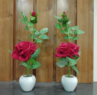 Decogreen Set of-2 Red Rose, With Pot, For Home, Office Decor Study Table & Flower Bonsai Artificial Plant  with Pot