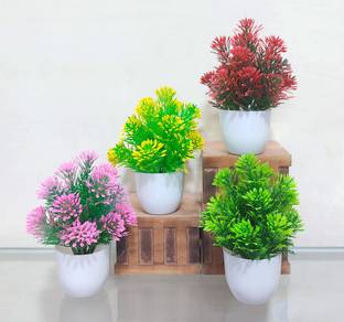 saf Set Of 4 Multicolor Artificial Plants With Pot For Table Top, Gift and decor Bonsai Wild Artificial Plant