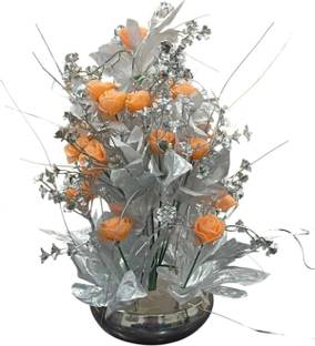 DNEnterprises Artificial Orange Flowers with Metal Pot for Home Office Decoration(40cm Length) Artificial Plant  with Pot