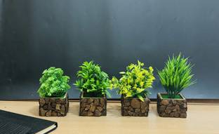 Ryme Small Artificial Potted Plants With Wooden Pot/Vase (Set of 4) Bonsai Wild Artificial Plant  with Pot