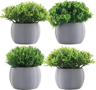KUBER INDUSTRIES 4 Pcs Set Plastic Mini Bonsai Artificial Plants with Pot | Puffy - Grey Wild Artificial Plant  with Pot