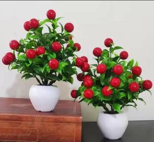 zonezer Set of 2 Red Cherry Table Flower top for home shop office decoration gift Bonsai Artificial Plant  with Pot