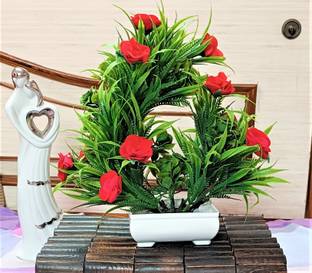ductor Beautiful Bonsai Artificial Plant and Red flowers with multicolour Stones(27cm) Bonsai Wild Artificial Plant  with Pot