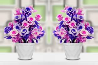 RisEmpire Artificial Plant For Home/Office Table Decoration or Gift ( Pack of 2, 7inch) Blue, Pink Rose Artificial Flower  with Pot