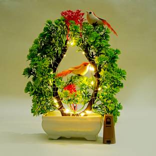 POKA Artificial Flower With Bird & Light for Home, Room, Bedroom, Office & Weddings. Multicolor, Red Wild Flower Artificial Flower  with Pot
