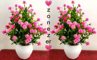 zonezer Set of 2 artificial flowers for home decoration Pink, Green Daisy Artificial Flower  with Pot