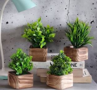 Litleo Set of 4 Wooden Base , Great for Home office Decoration, Gift Bonsai Artificial Plant  with Pot